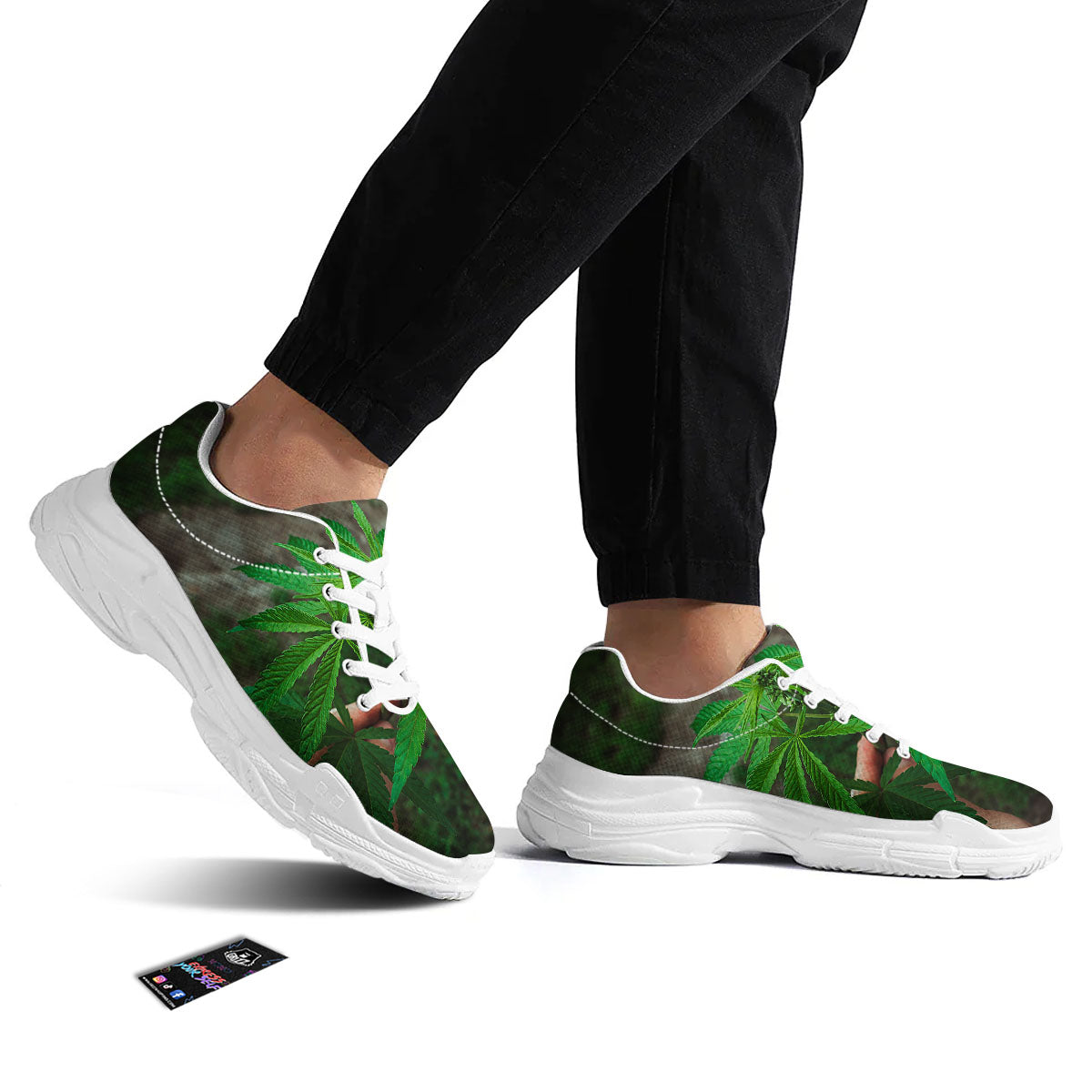 Cannabis Leaf Forest Green Print White Chunky Shoes-grizzshop