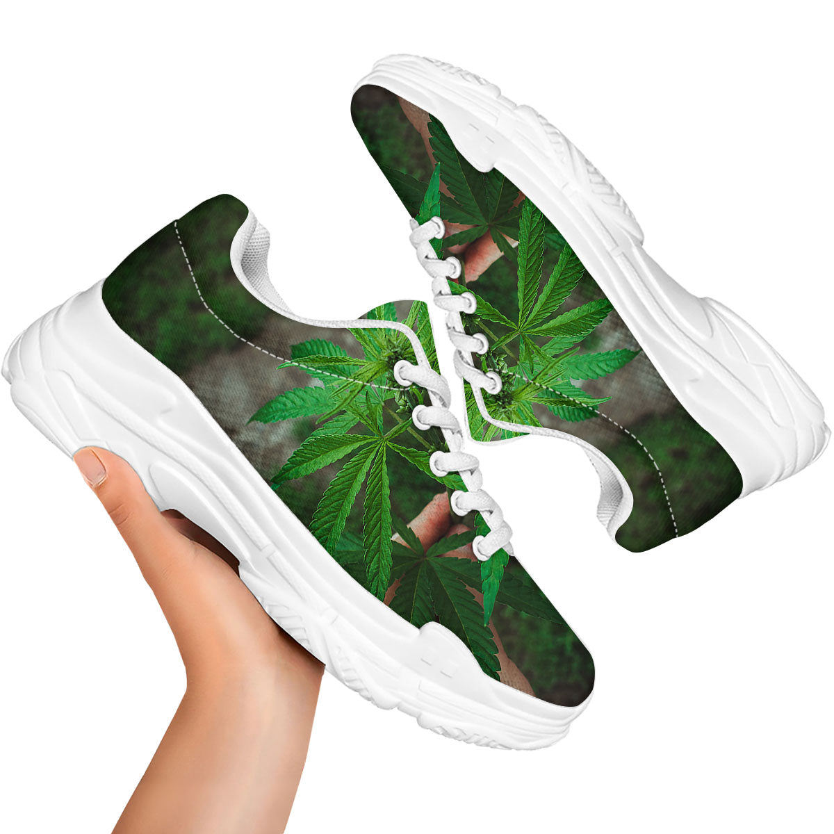 Cannabis Leaf Forest Green Print White Chunky Shoes-grizzshop