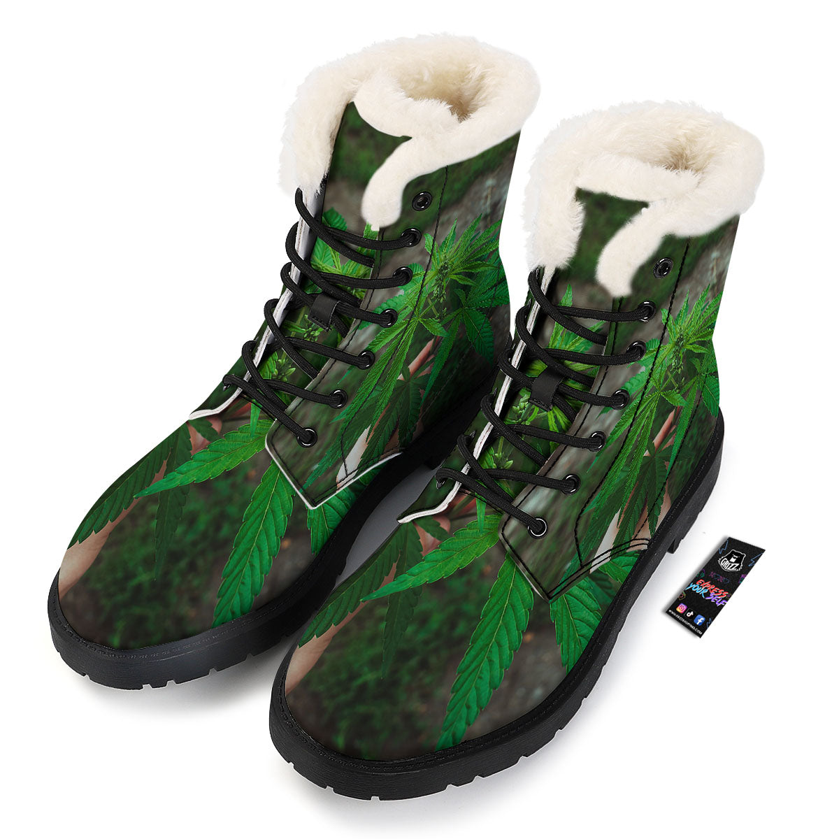 Cannabis Leaf Forest Green Print Winter Boots-grizzshop