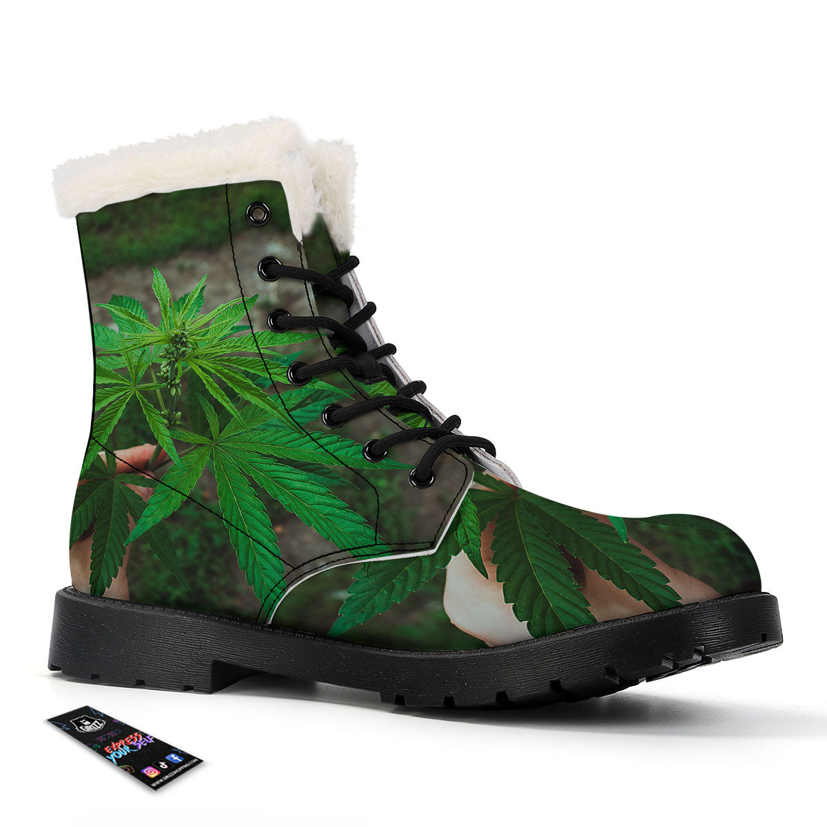 Cannabis Leaf Forest Green Print Winter Boots-grizzshop