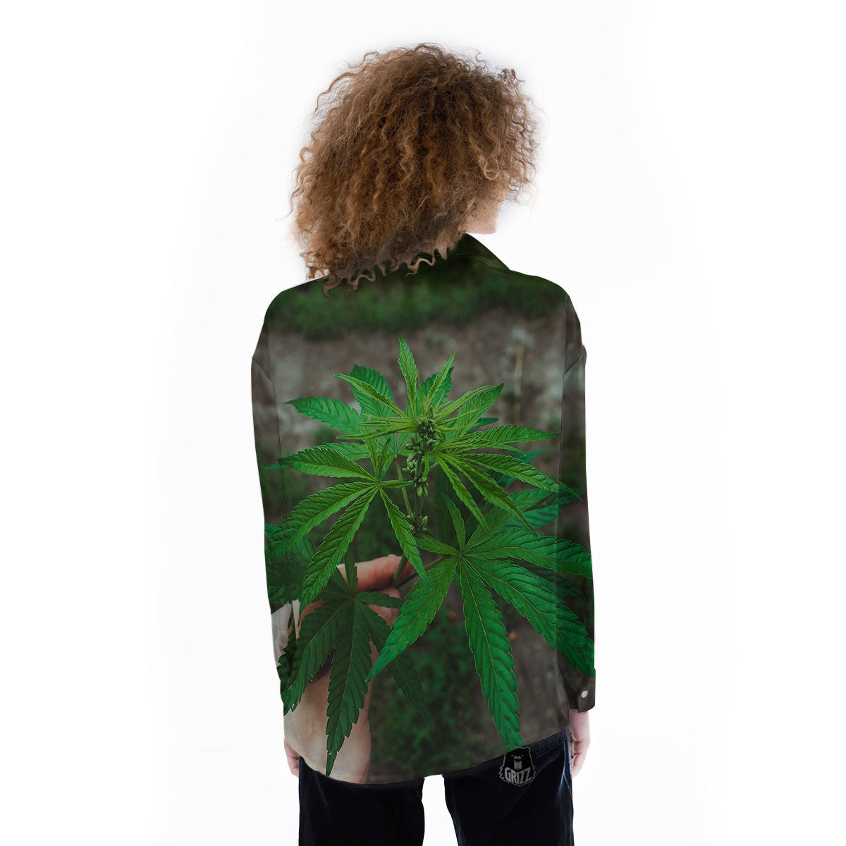 Cannabis Leaf Forest Green Print Women's Long Sleeve Shirts-grizzshop