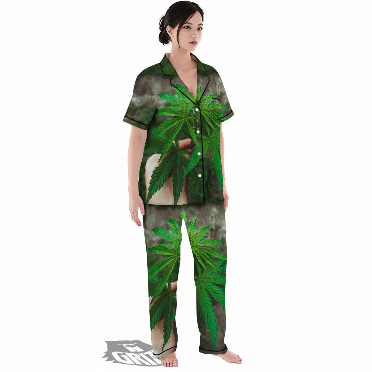 Cannabis Leaf Forest Green Print Women's Pajamas Set-grizzshop