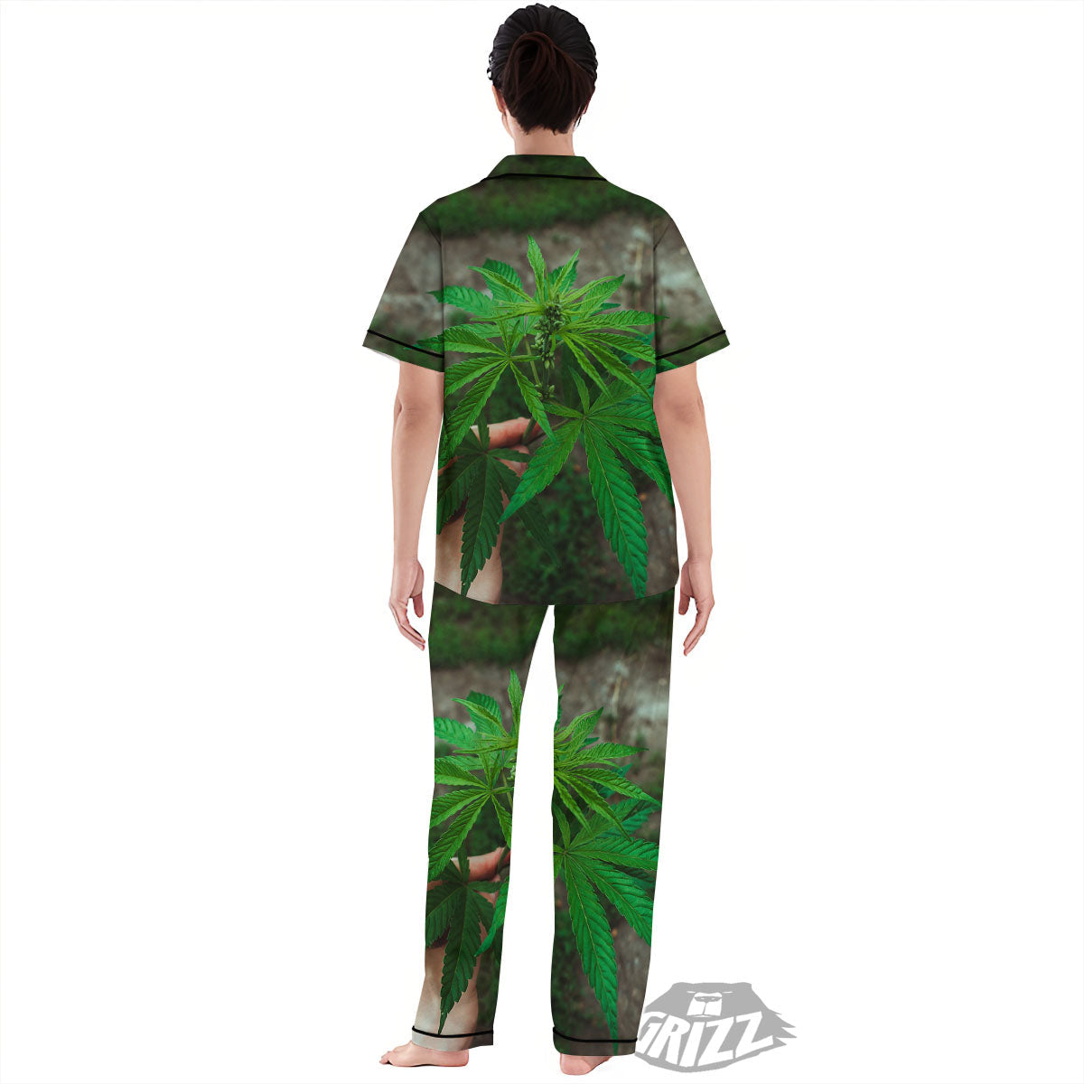 Cannabis Leaf Forest Green Print Women's Pajamas Set-grizzshop