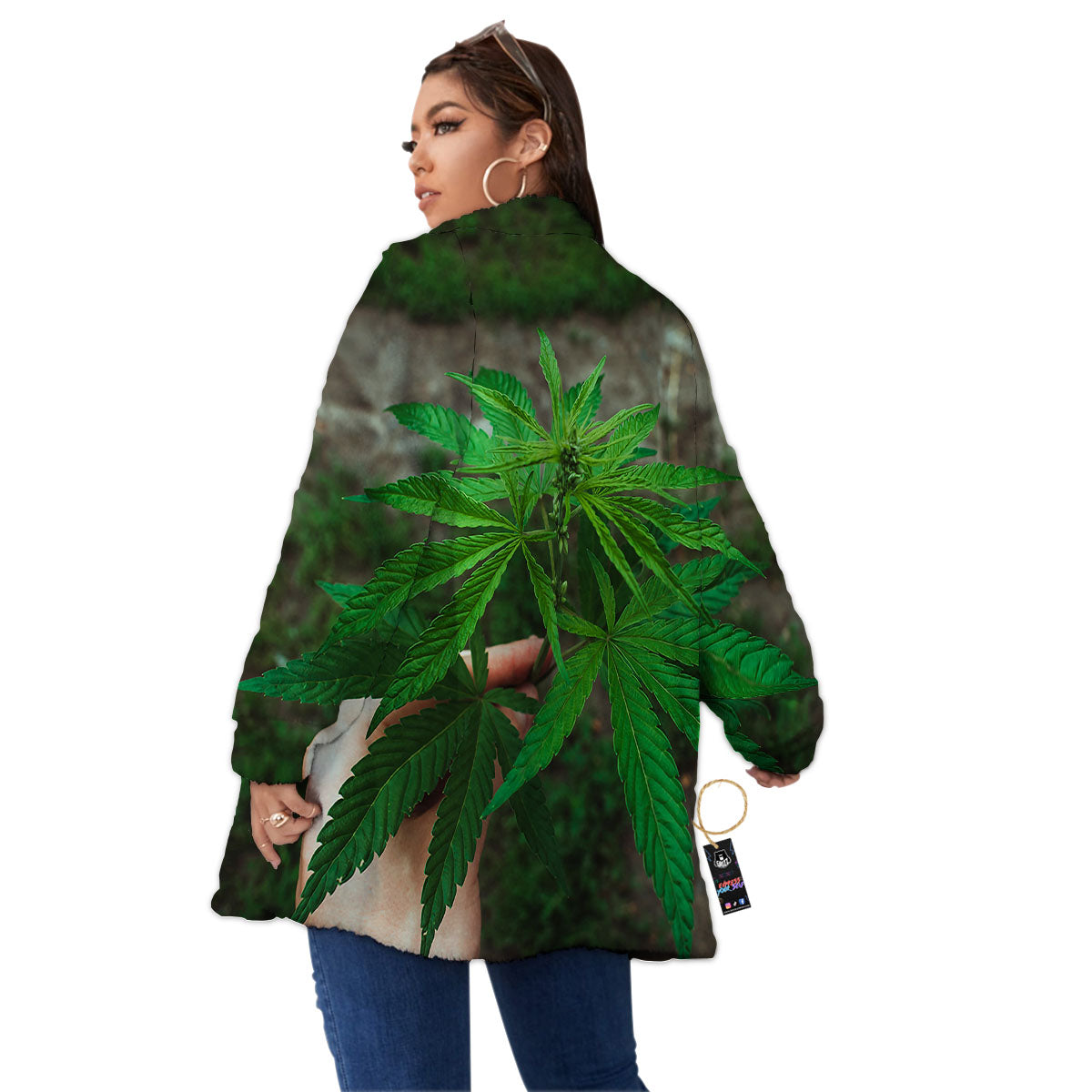 Cannabis Leaf Forest Green Print Women's Sherpa Jacket-grizzshop