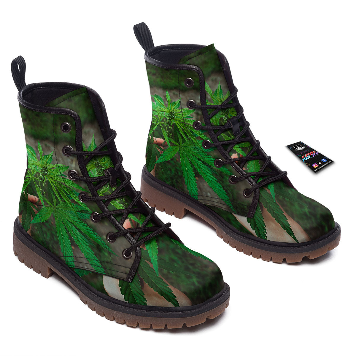 Cannabis Leaf Forest Green Print Work Boots-grizzshop