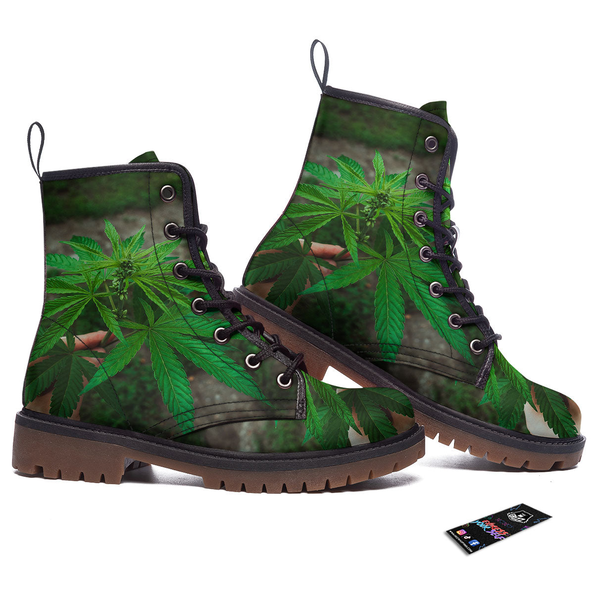 Cannabis Leaf Forest Green Print Work Boots-grizzshop