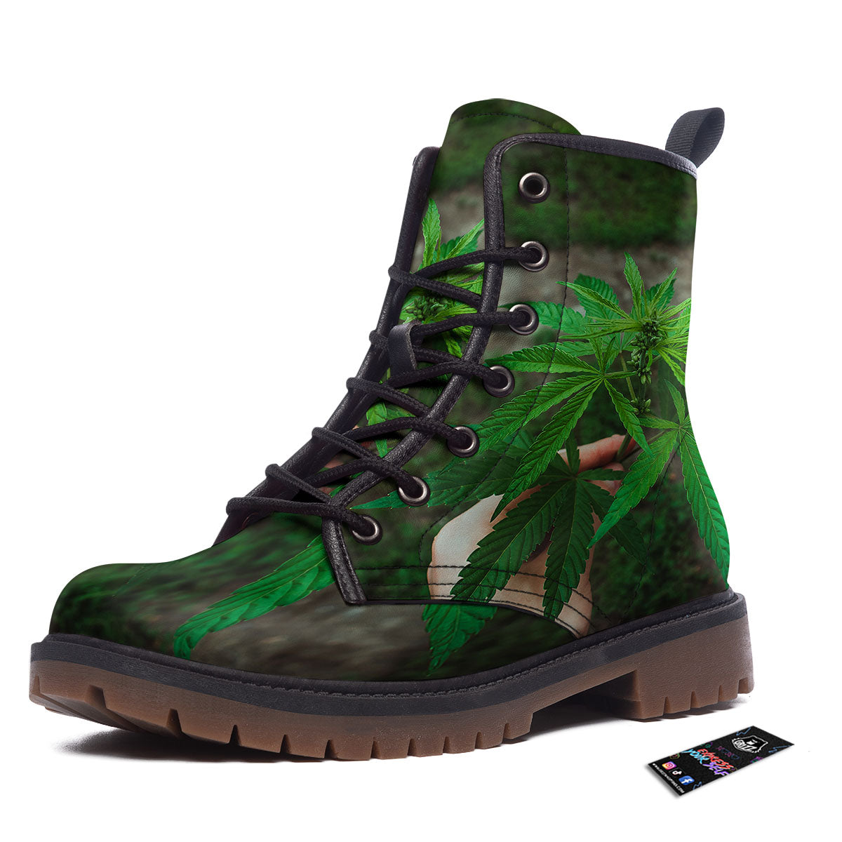 Cannabis Leaf Forest Green Print Work Boots-grizzshop