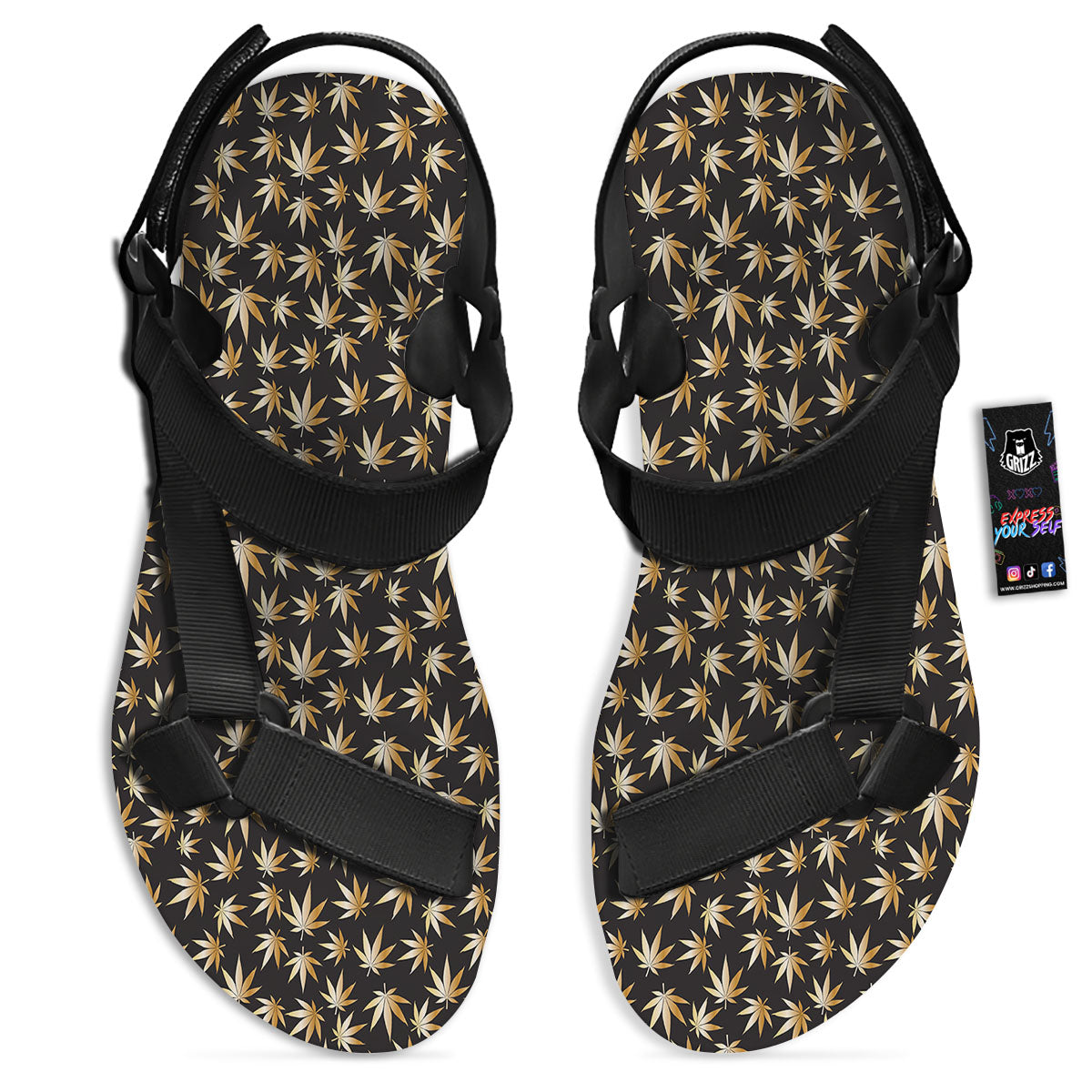 Cannabis Leaf Gold Print Pattern Black Open Toe Sandals-grizzshop