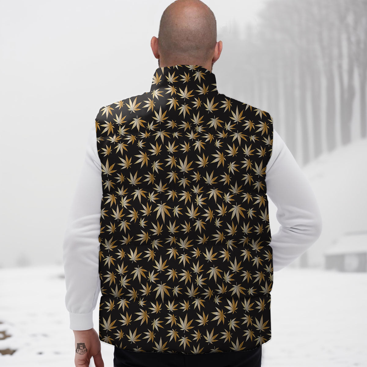 Cannabis Leaf Gold Print Pattern Down Vest-grizzshop