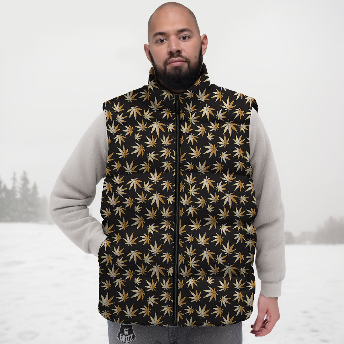 Cannabis Leaf Gold Print Pattern Down Vest-grizzshop