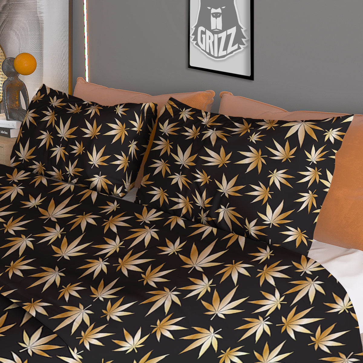 Cannabis Leaf Gold Print Pattern Duvet Cover Bedding Set