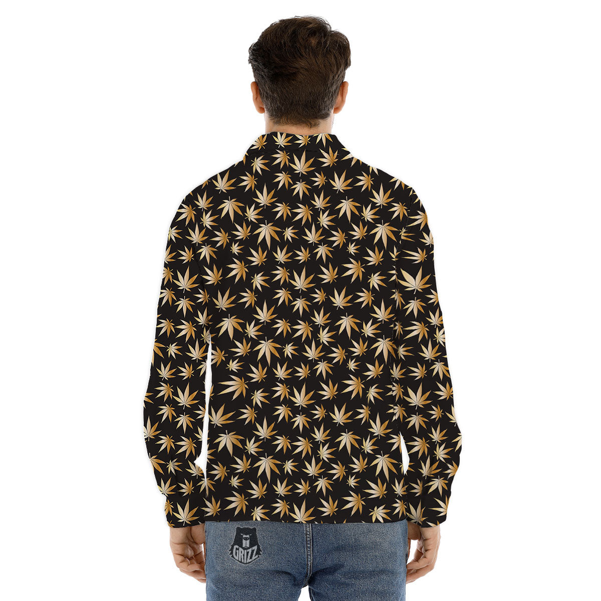 Cannabis Leaf Gold Print Pattern Men's Dress Shirts-grizzshop