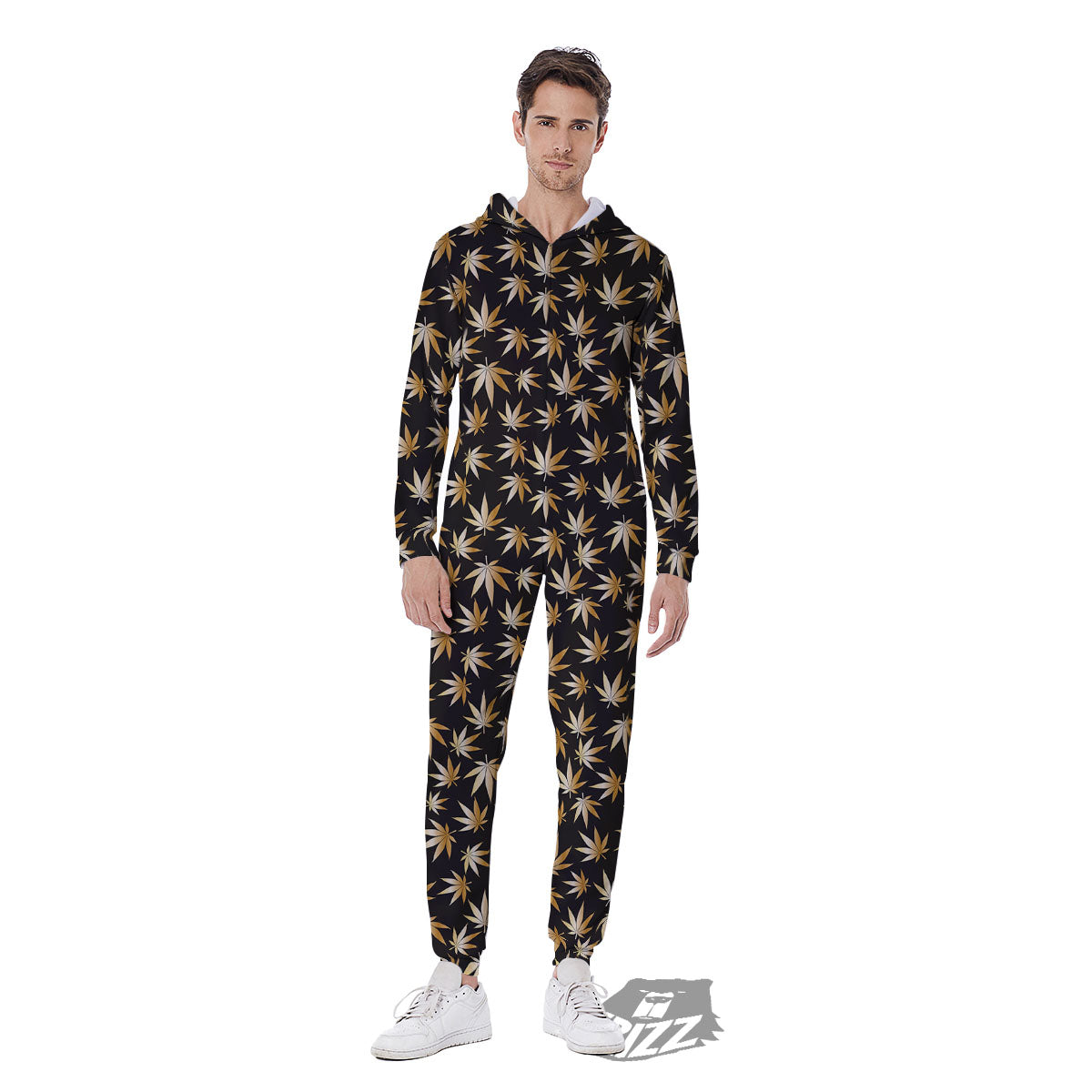 Cannabis Leaf Gold Print Pattern Men's Jumpsuit-grizzshop