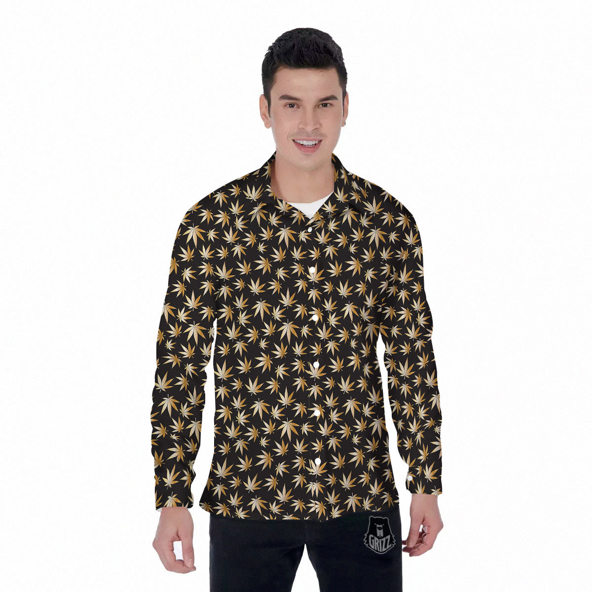 Cannabis Leaf Gold Print Pattern Men's Long Sleeve Shirts-grizzshop