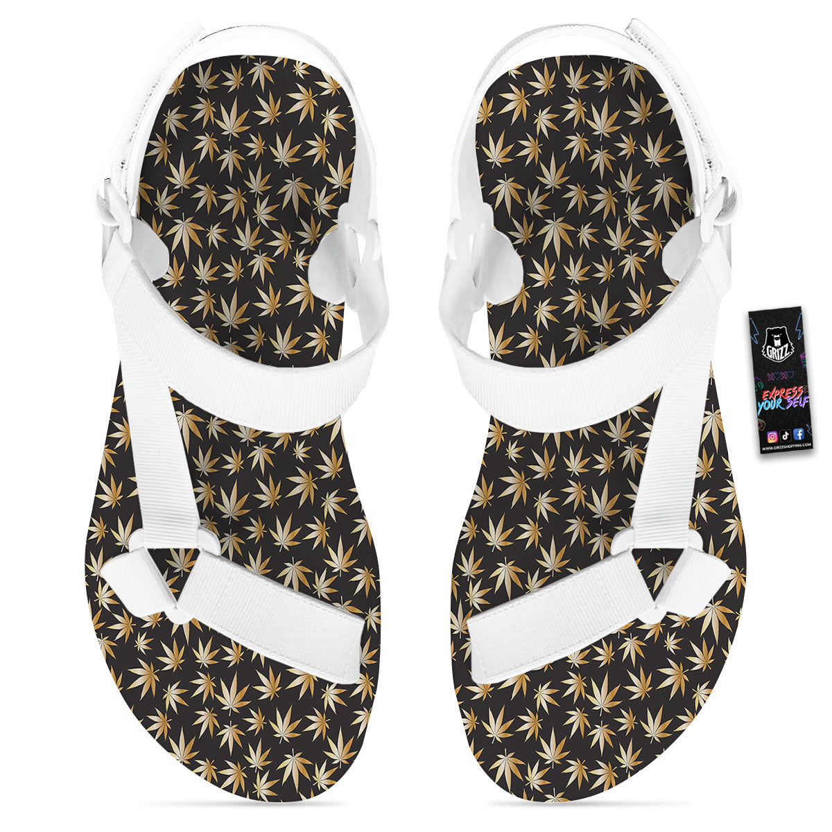 Cannabis Leaf Gold Print Pattern White Open Toe Sandals-grizzshop