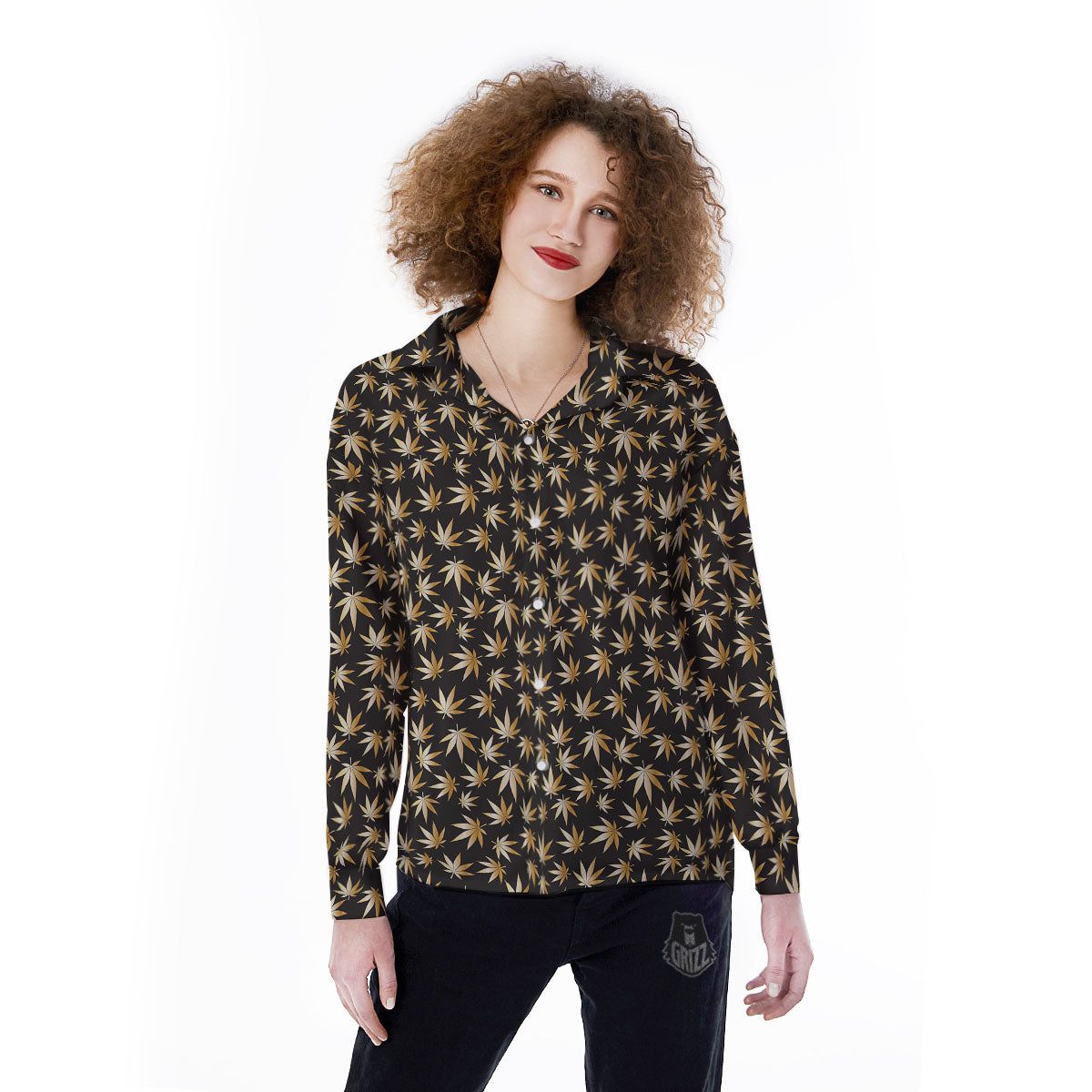 Cannabis Leaf Gold Print Pattern Women's Long Sleeve Shirts-grizzshop