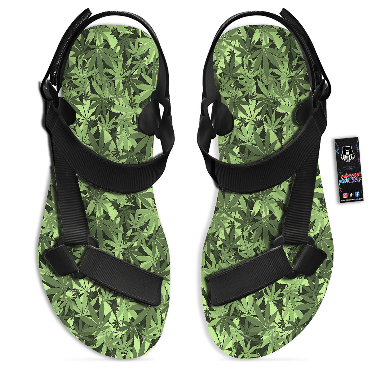 Cannabis Leaf Green Print Pattern Black Open Toe Sandals-grizzshop