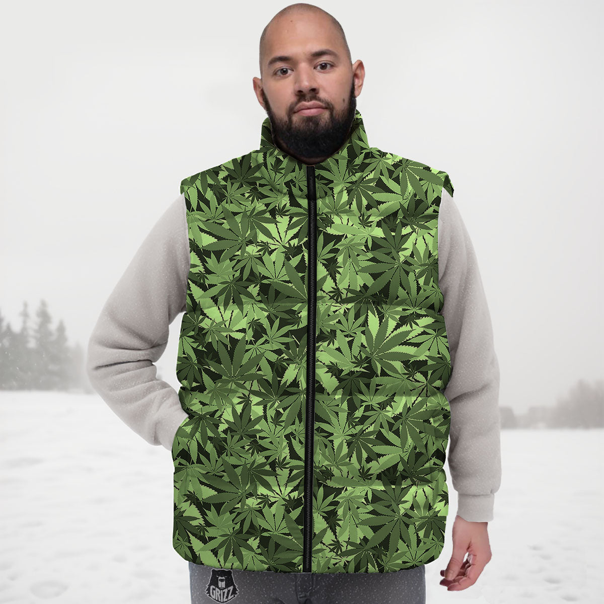 Cannabis Leaf Green Print Pattern Down Vest-grizzshop