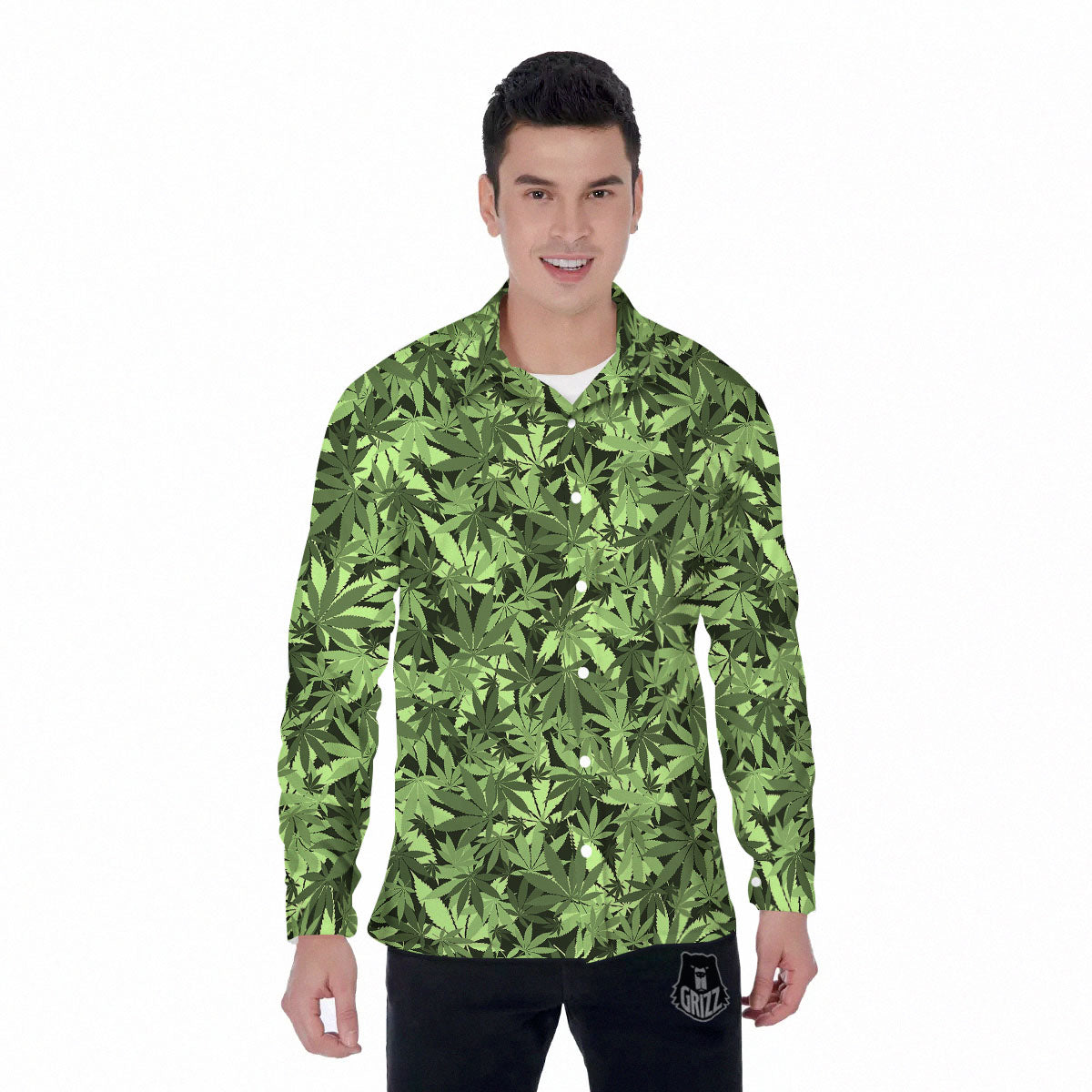 Cannabis Leaf Green Print Pattern Men's Long Sleeve Shirts-grizzshop