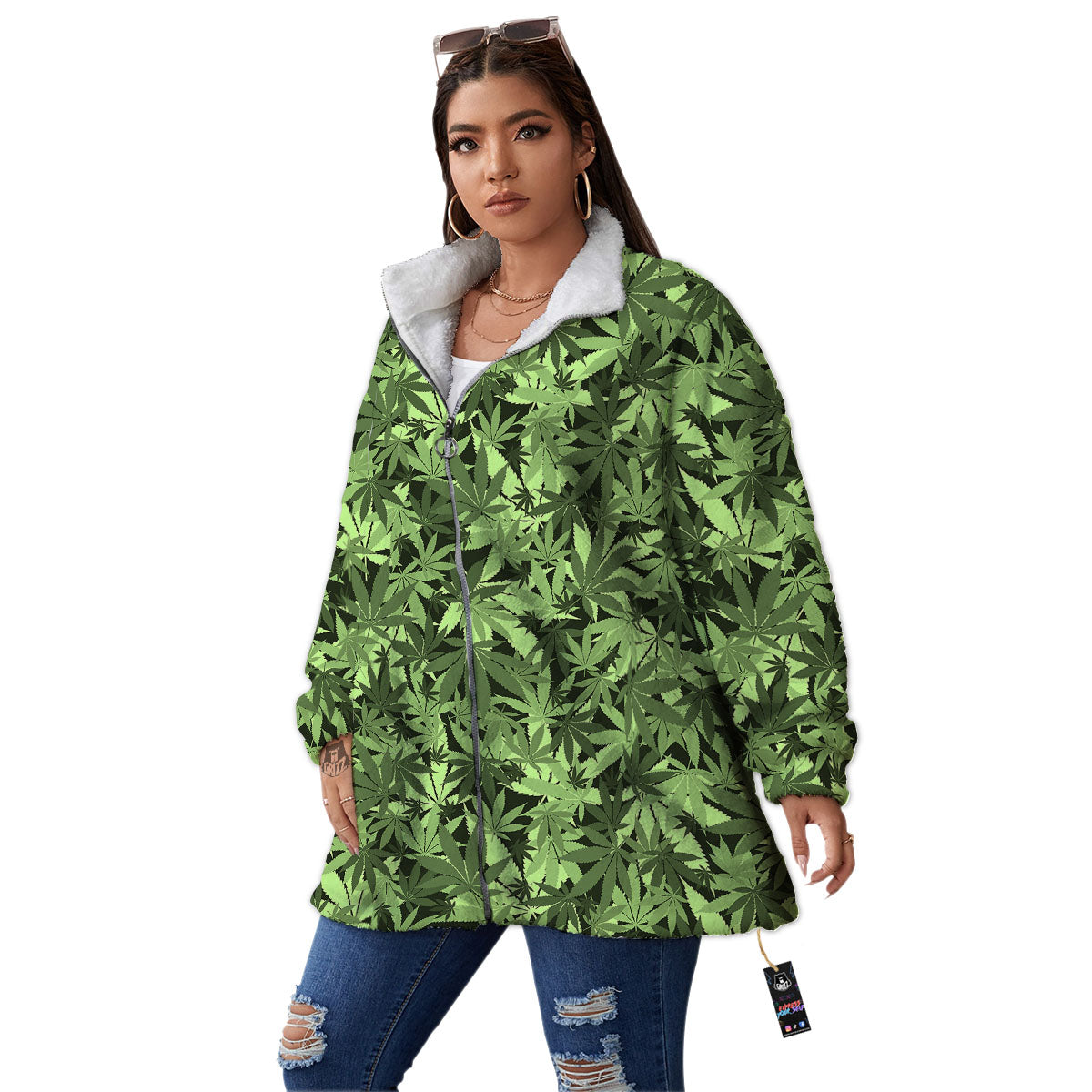 Cannabis Leaf Green Print Pattern Women's Sherpa Jacket-grizzshop