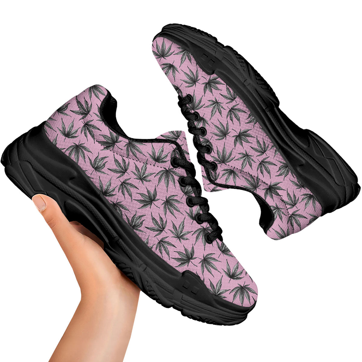 Cannabis Leaf Pink And Green Print Black Chunky Shoes-grizzshop