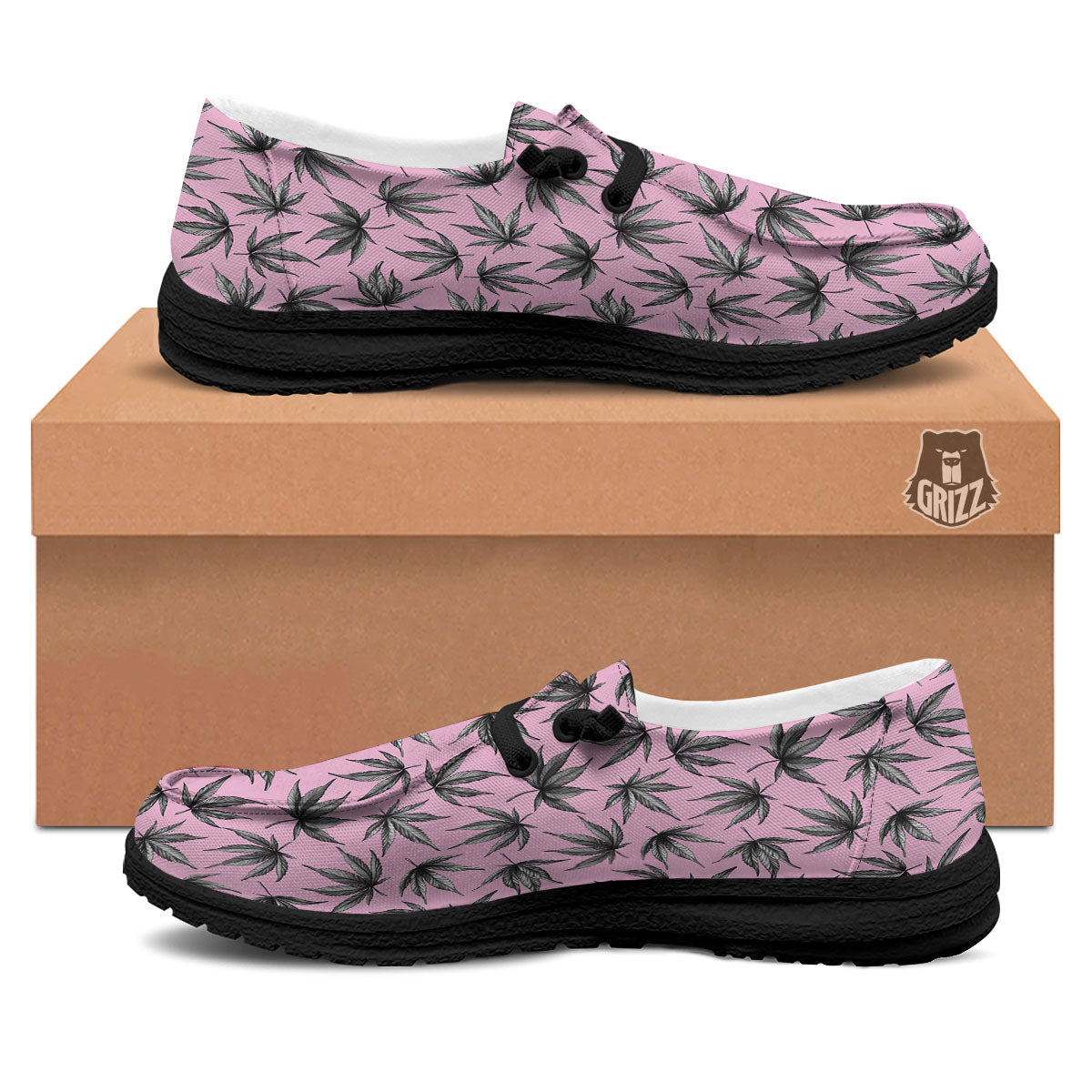 Cannabis Leaf Pink And Green Print Black Loafers-grizzshop