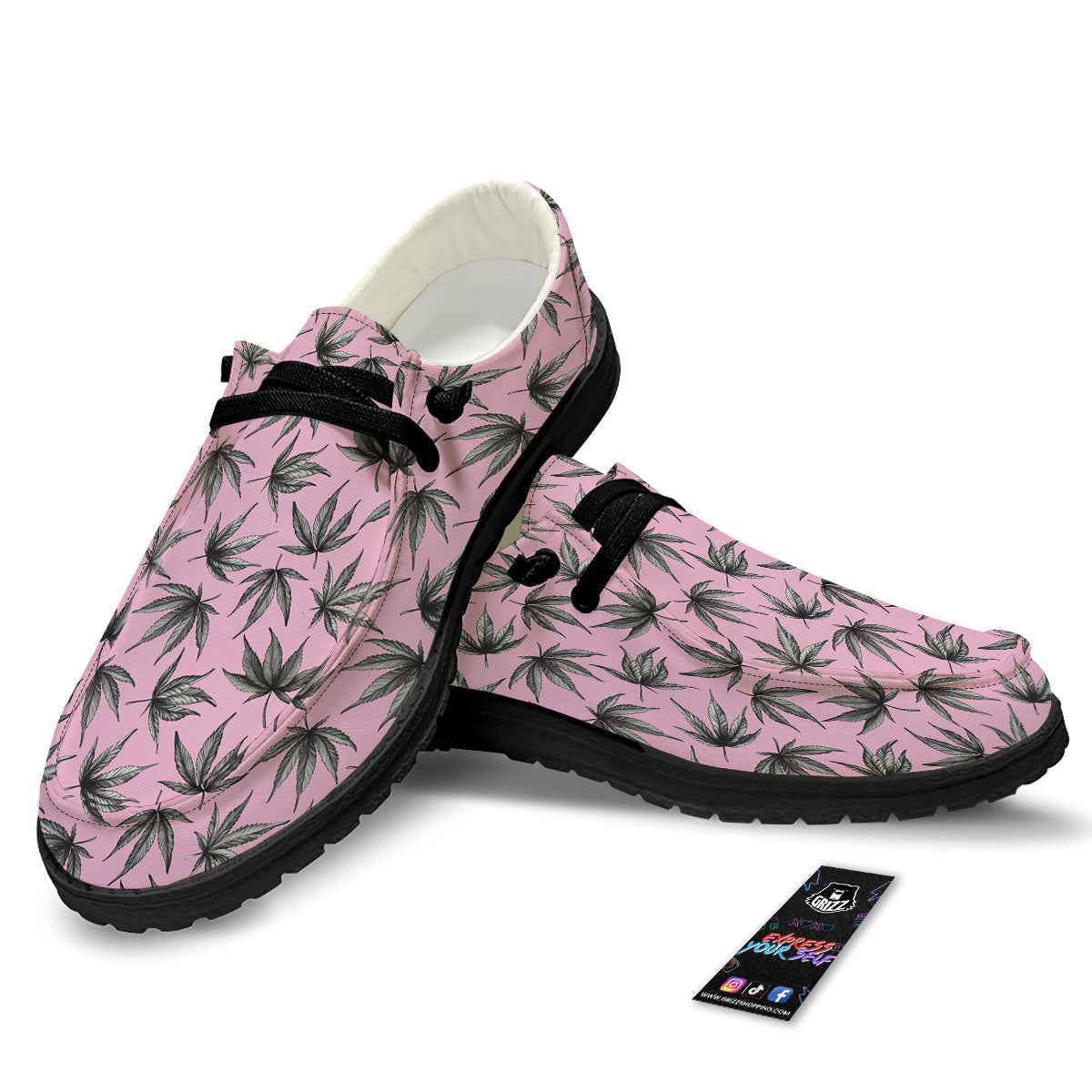 Cannabis Leaf Pink And Green Print Black Loafers-grizzshop
