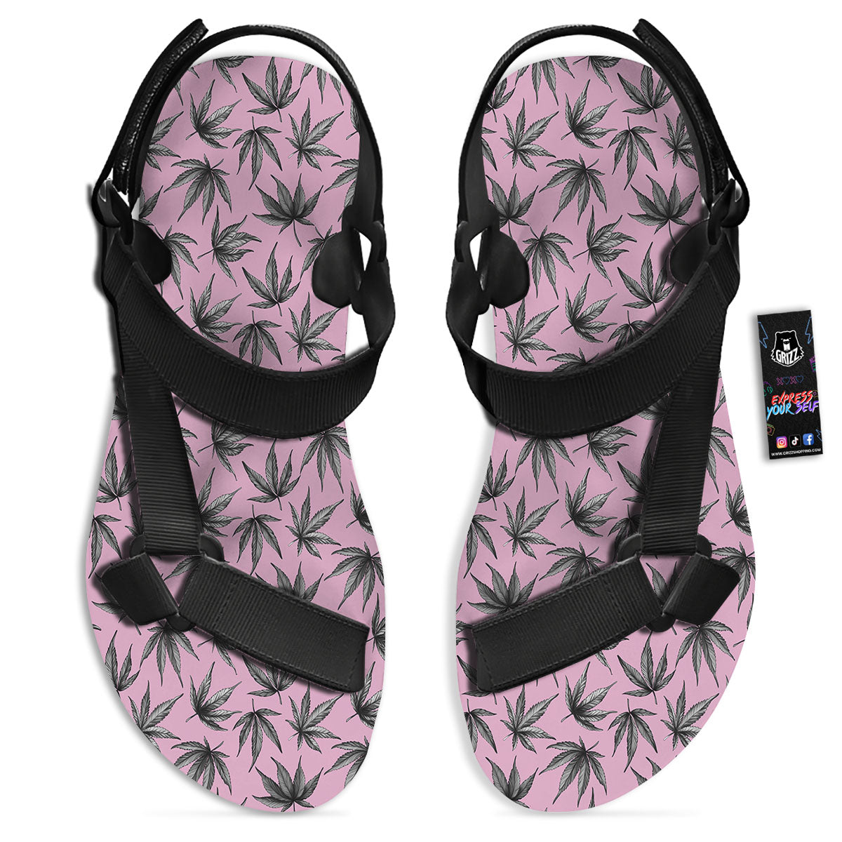 Cannabis Leaf Pink And Green Print Black Open Toe Sandals-grizzshop