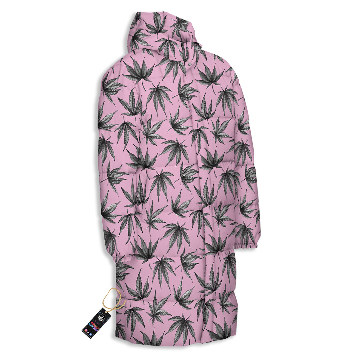 Cannabis Leaf Pink And Green Print Long Down Jacket-grizzshop
