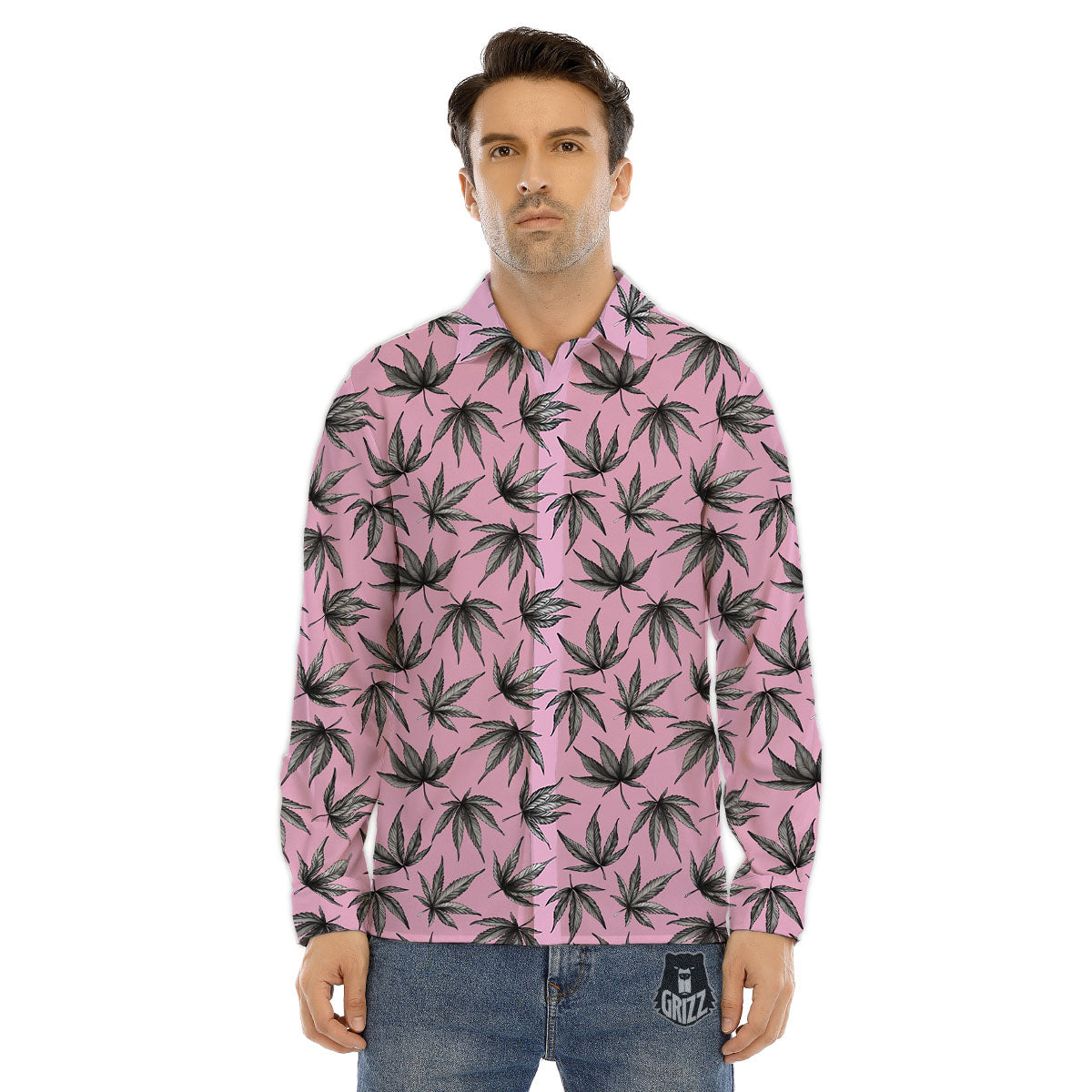 Cannabis Leaf Pink And Green Print Men's Dress Shirts-grizzshop