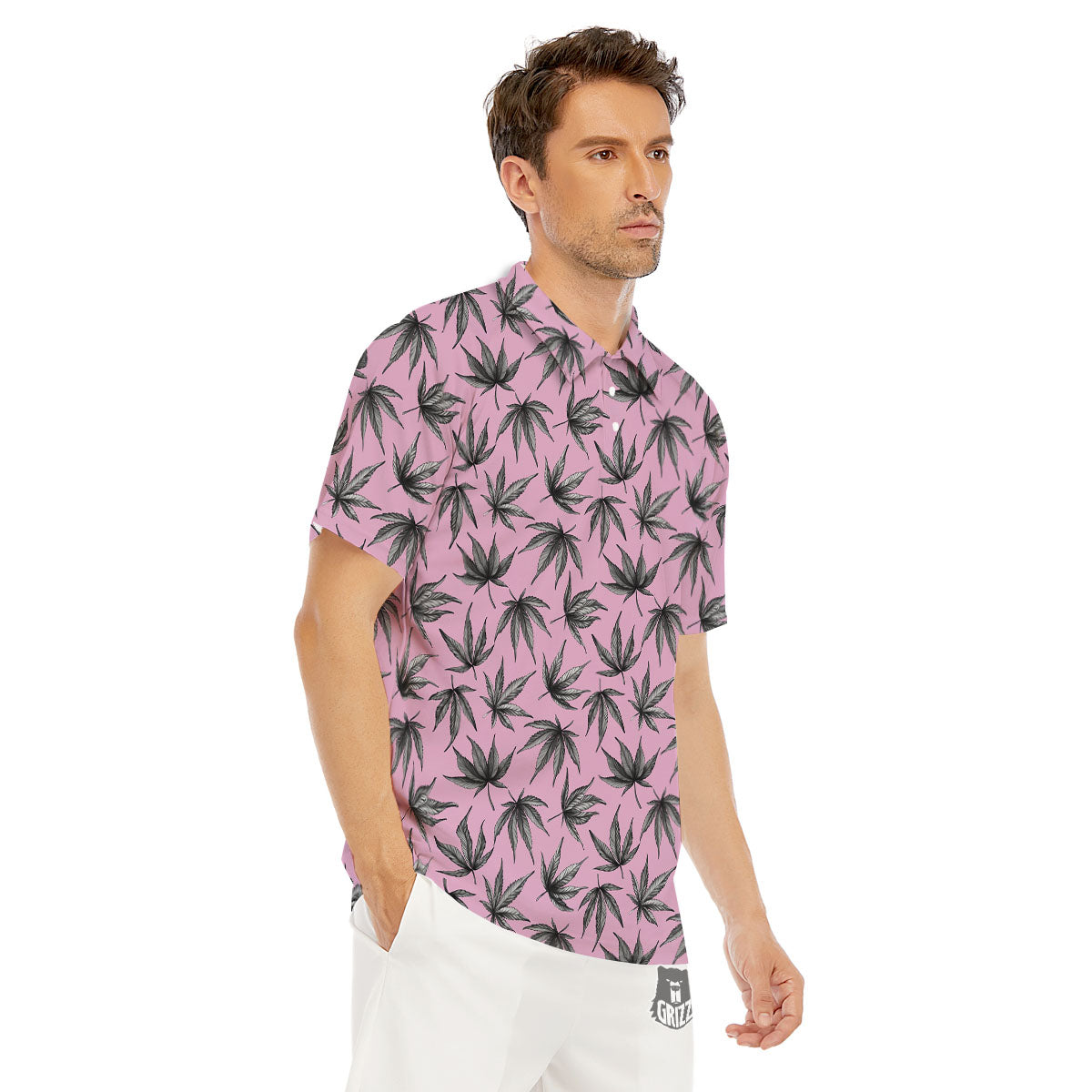 Cannabis Leaf Pink And Green Print Men's Golf Shirts-grizzshop