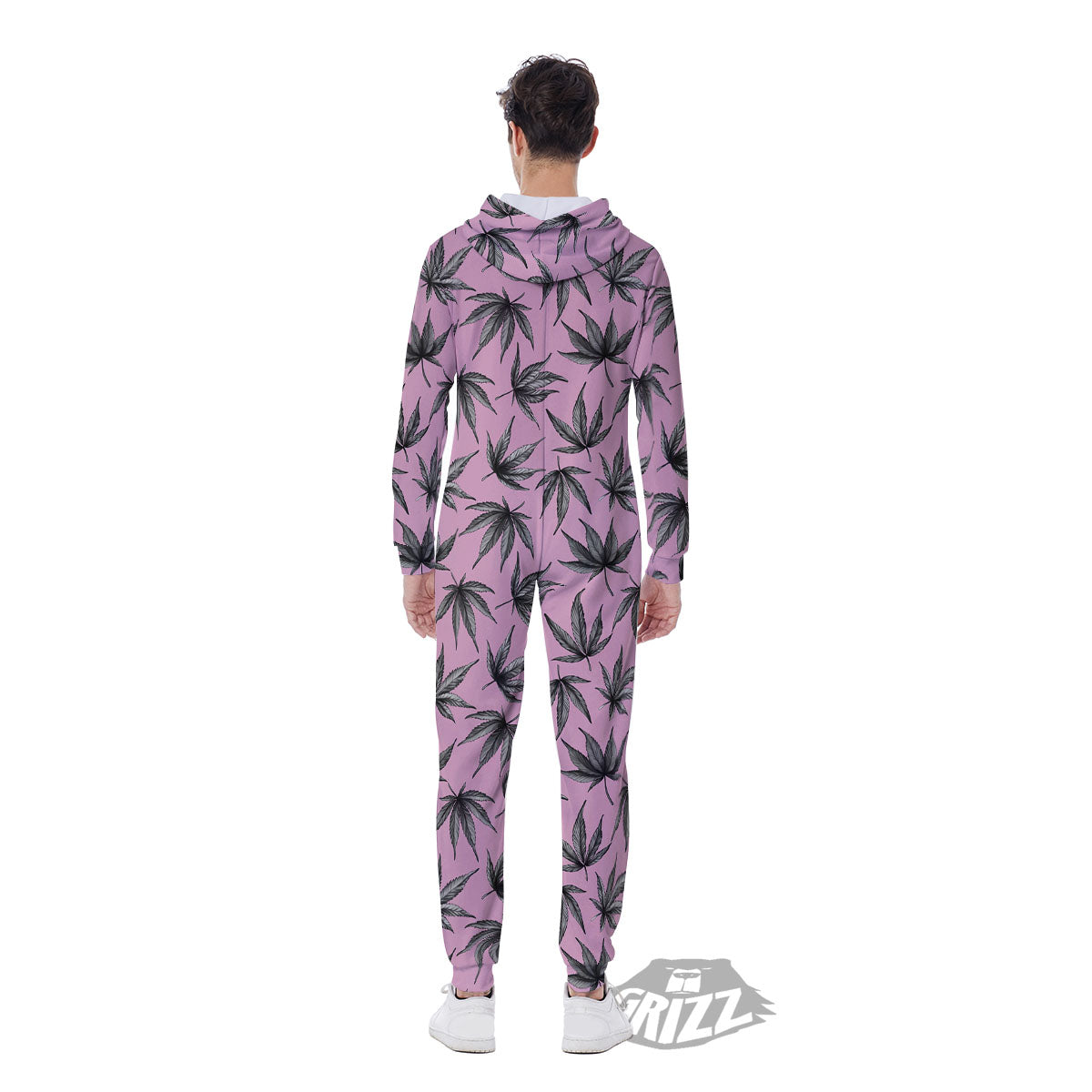 Cannabis Leaf Pink And Green Print Men's Jumpsuit-grizzshop