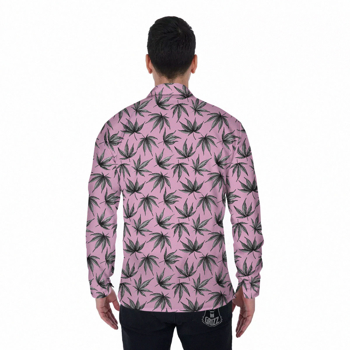 Cannabis Leaf Pink And Green Print Men's Long Sleeve Shirts-grizzshop