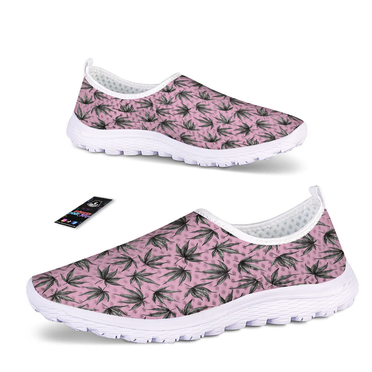 Cannabis Leaf Pink And Green Print Nurse Shoes-grizzshop