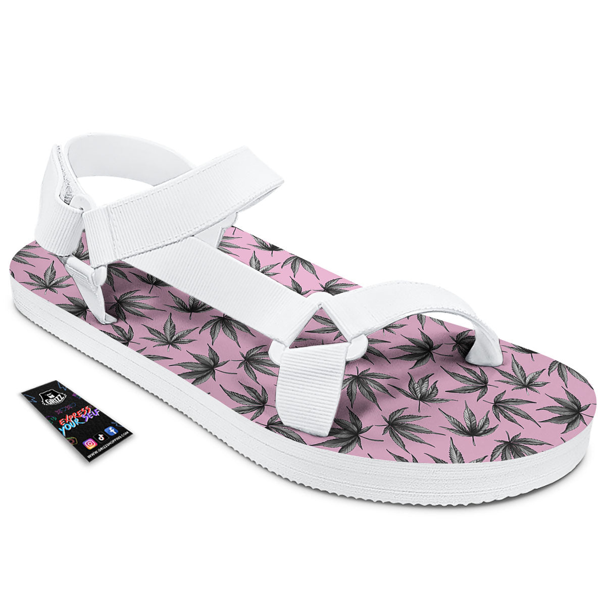Cannabis Leaf Pink And Green Print White Open Toe Sandals-grizzshop