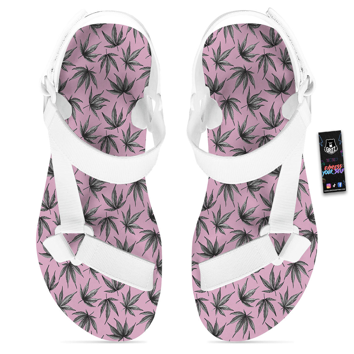 Cannabis Leaf Pink And Green Print White Open Toe Sandals-grizzshop