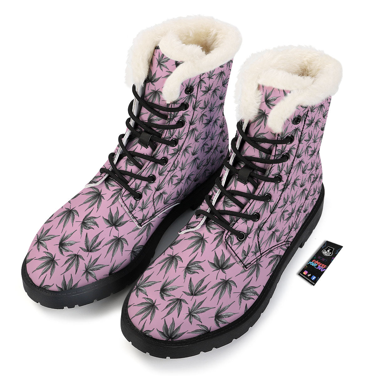 Cannabis Leaf Pink And Green Print Winter Boots-grizzshop