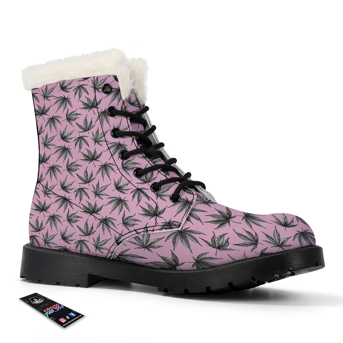 Cannabis Leaf Pink And Green Print Winter Boots-grizzshop