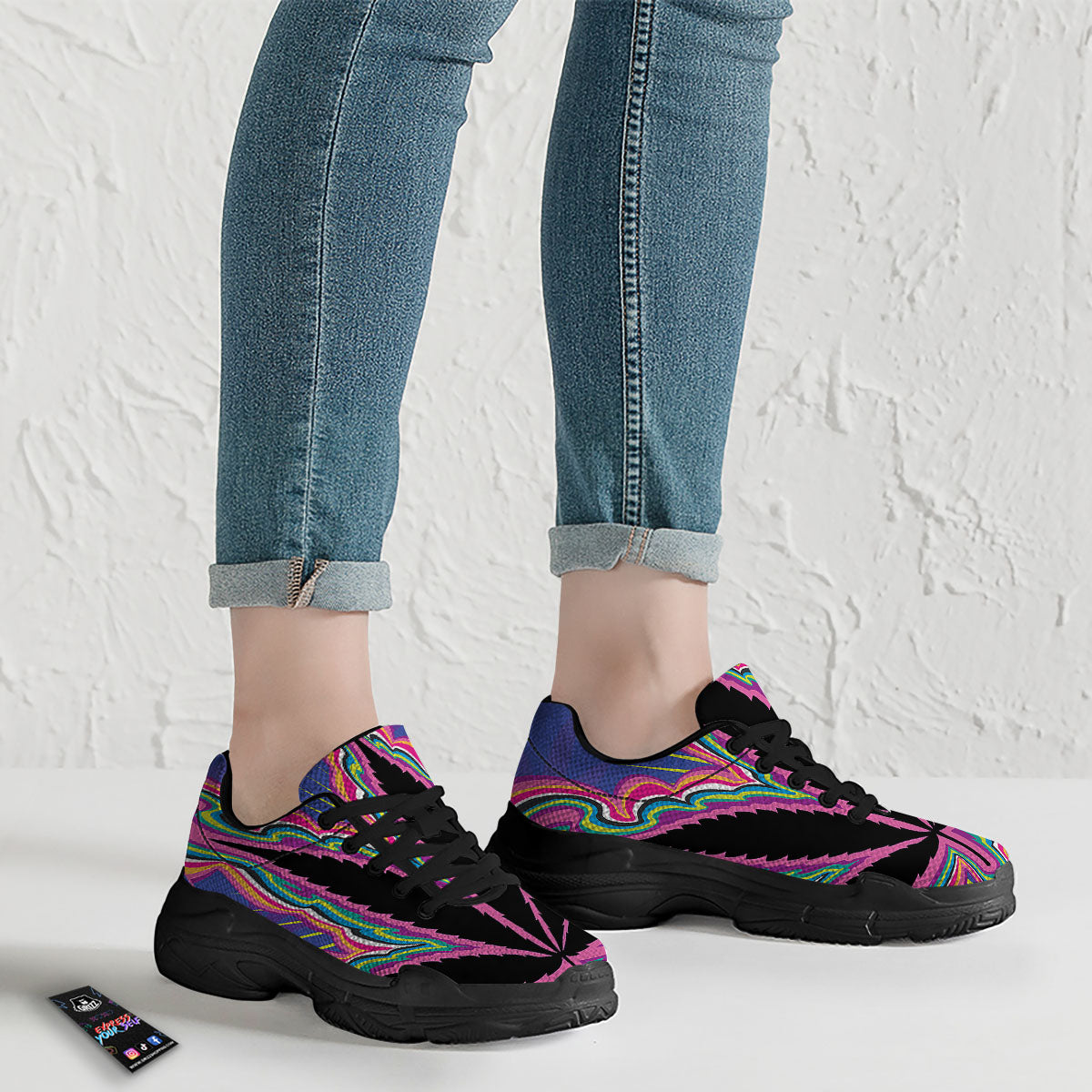 Cannabis Leaf Psychedelic Print Black Chunky Shoes-grizzshop