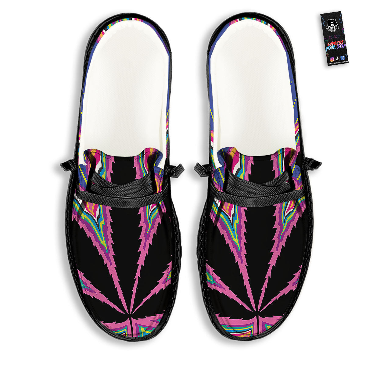 Cannabis Leaf Psychedelic Print Black Loafers-grizzshop