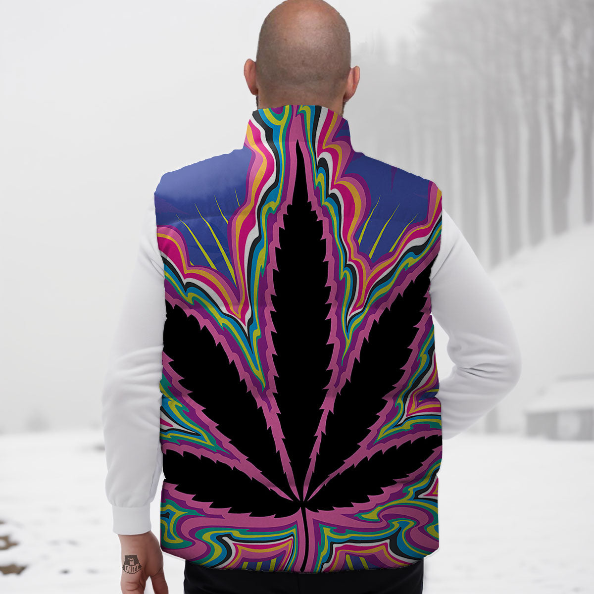 Cannabis Leaf Psychedelic Print Down Vest-grizzshop