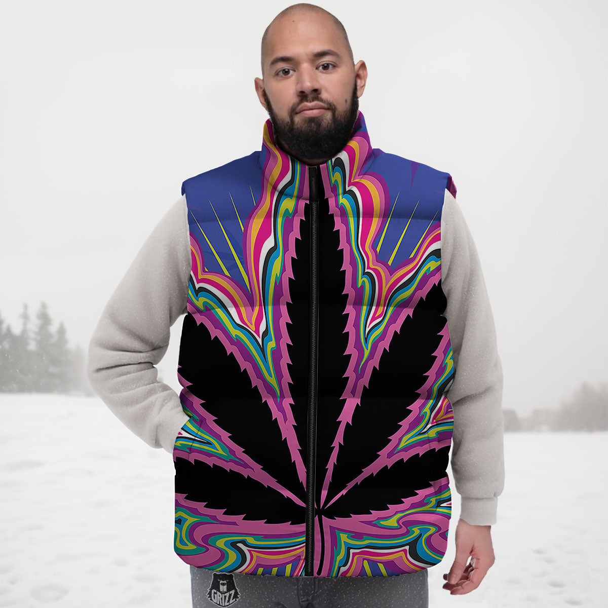 Cannabis Leaf Psychedelic Print Down Vest-grizzshop
