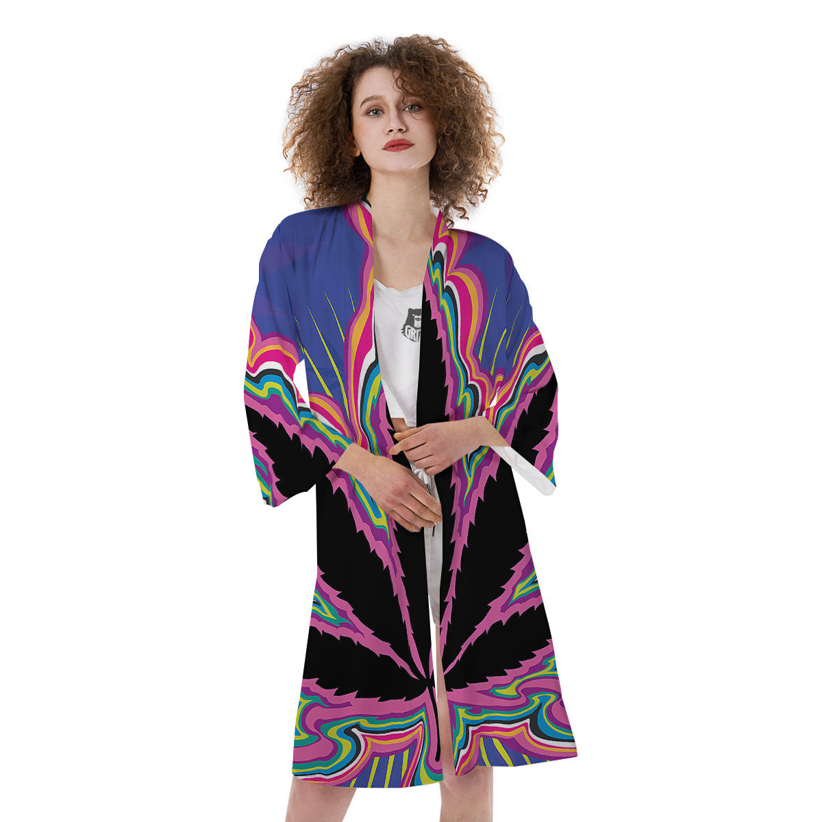 Cannabis Leaf Psychedelic Print Kimono-grizzshop