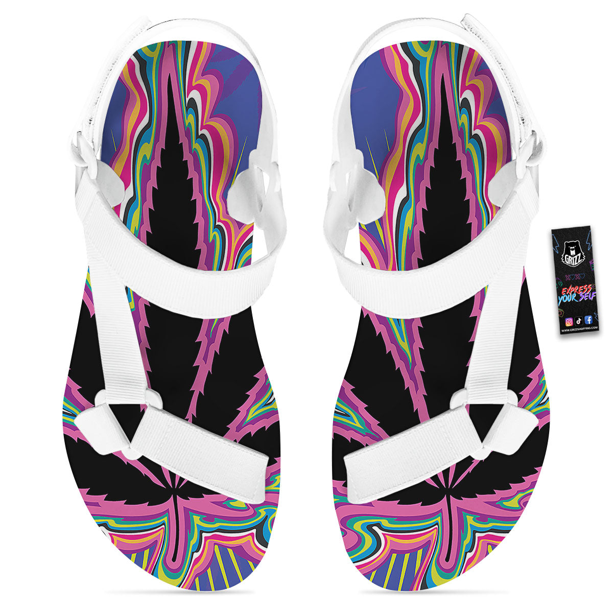 Cannabis Leaf Psychedelic Print White Open Toe Sandals-grizzshop