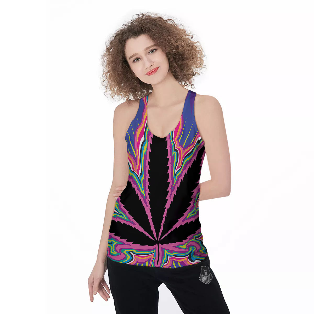 Cannabis Leaf Psychedelic Print Women's Racerback Tank Top-grizzshop