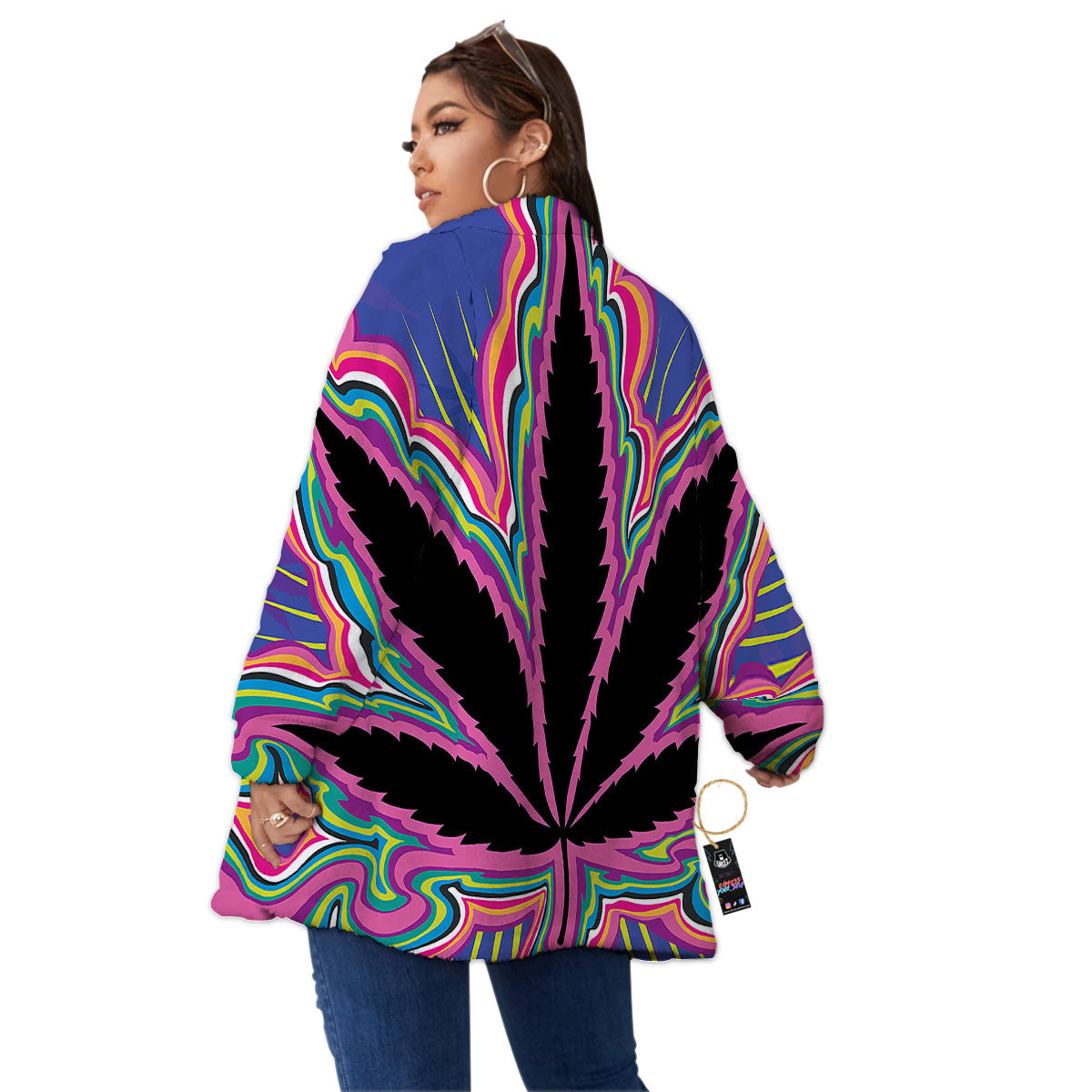 Cannabis Leaf Psychedelic Print Women's Sherpa Jacket-grizzshop