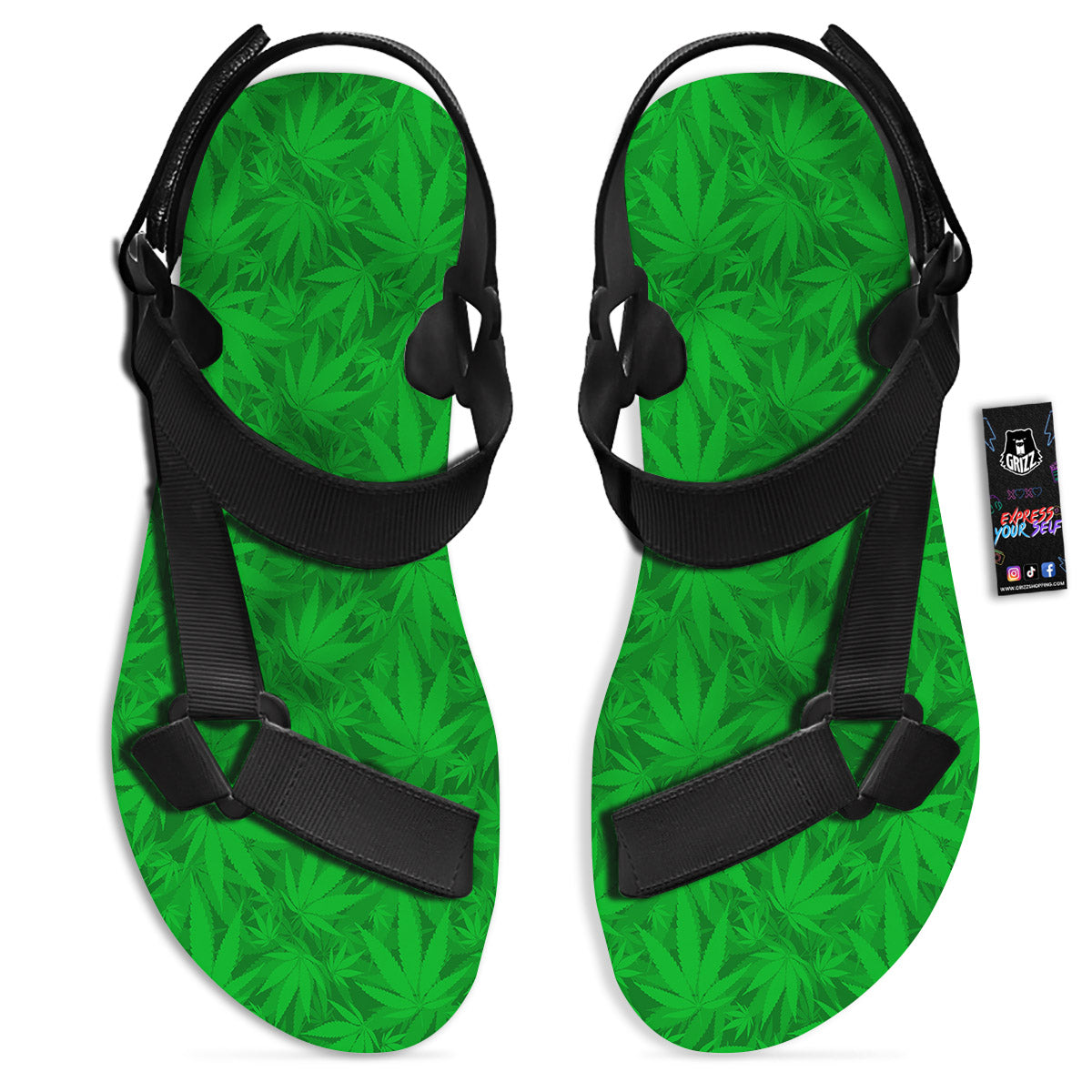 Cannabis Leaves Print Pattern Black Open Toe Sandals-grizzshop