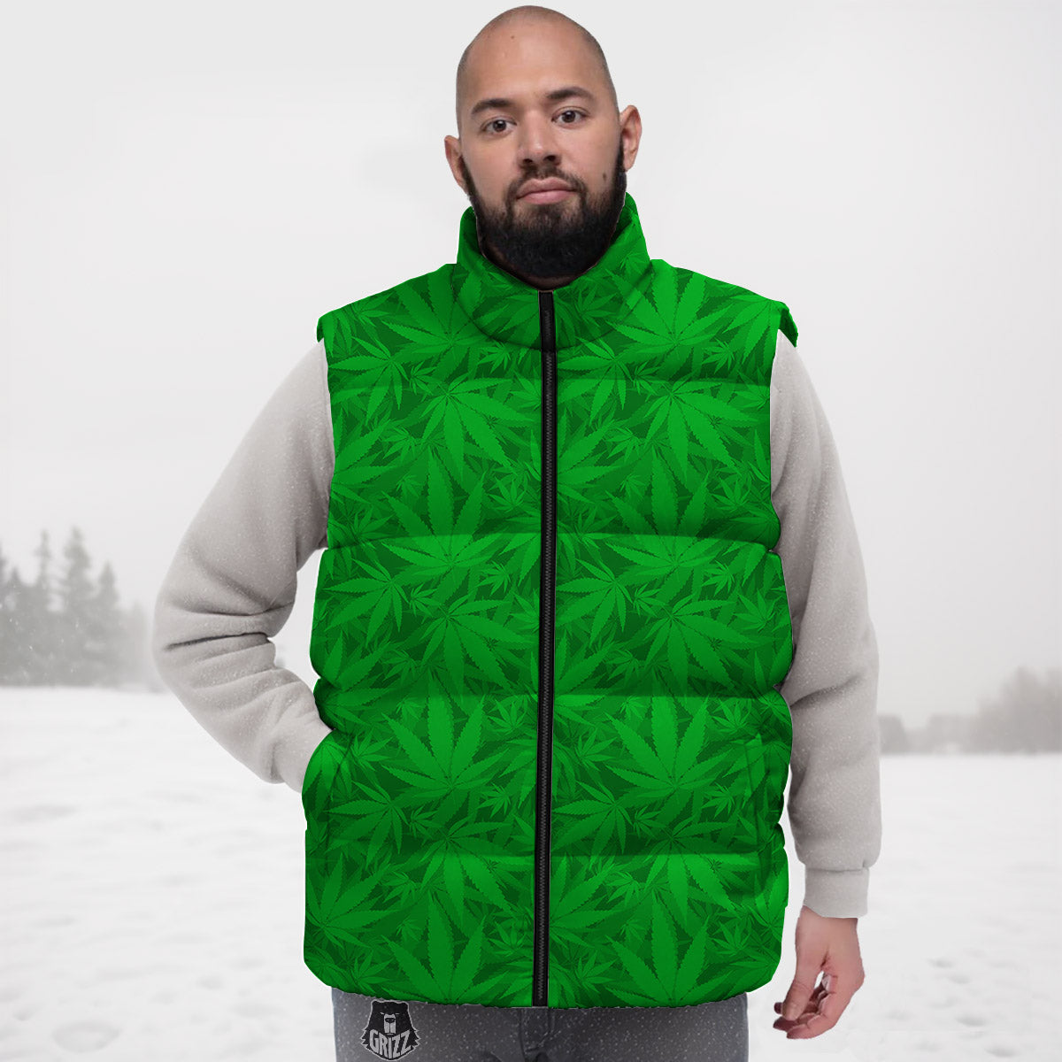Cannabis Leaves Print Pattern Down Vest-grizzshop