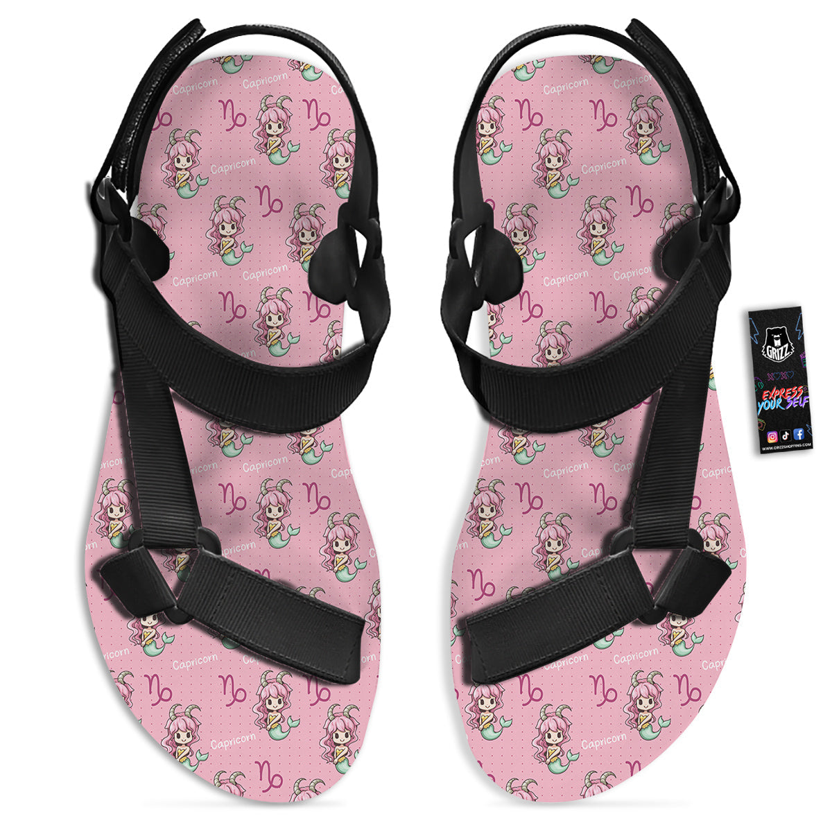 Capricorn Cute Cartoon Print Pattern Black Open Toe Sandals-grizzshop