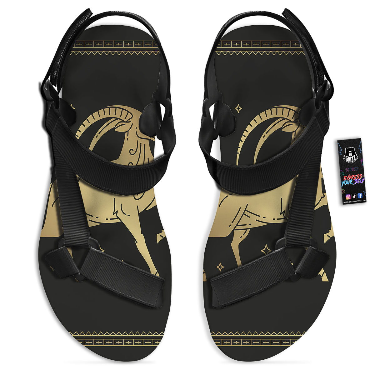 Capricorn Sign Astrological Print Black Open Toe Sandals-grizzshop